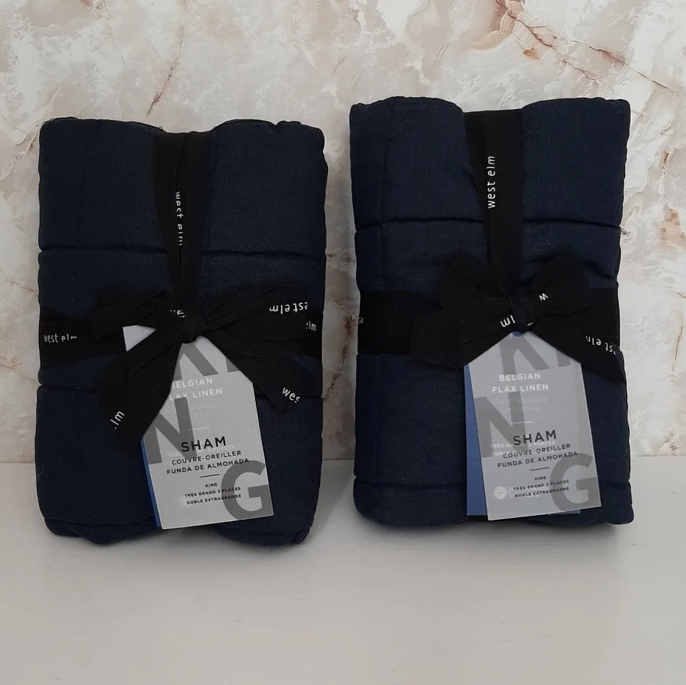 West Elm Belgian Flax Linen Frayed Edge King Quilted Shams Midnight Blue